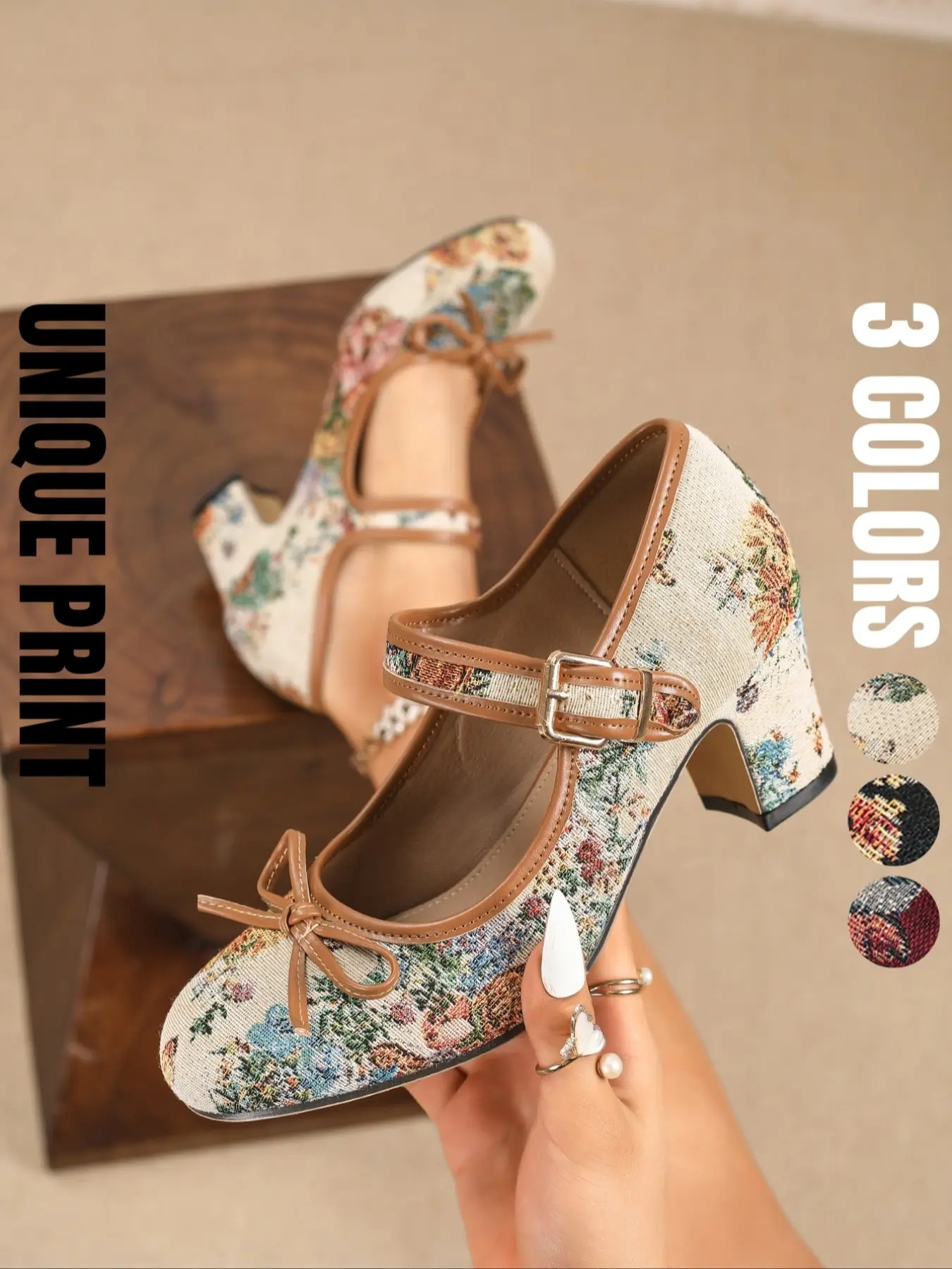 Women's Mary Jane Chunky Heel Pumps, Vintage Print Round Toe Strap High Heels with Bow