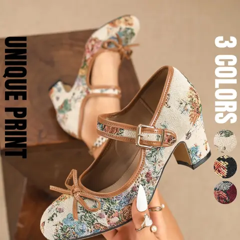 Women's Mary Jane Chunky Heel Pumps, Vintage Print Round Toe Strap High Heels with Bow, Party Shoes