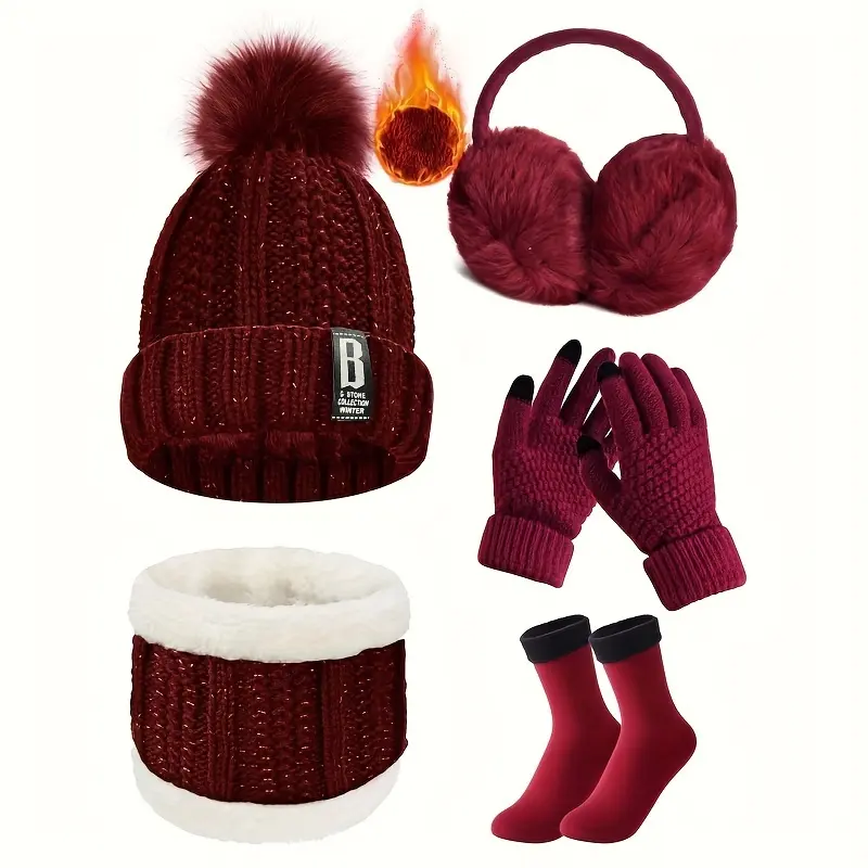 Female Women's 5PCS Casual Cute Winter Sports Accessory Set - Knitted Beanie, Neck Warmer, Touchscreen Gloves, Plush Earmuffs, Warm Socks - Outdoor Skiing Gear