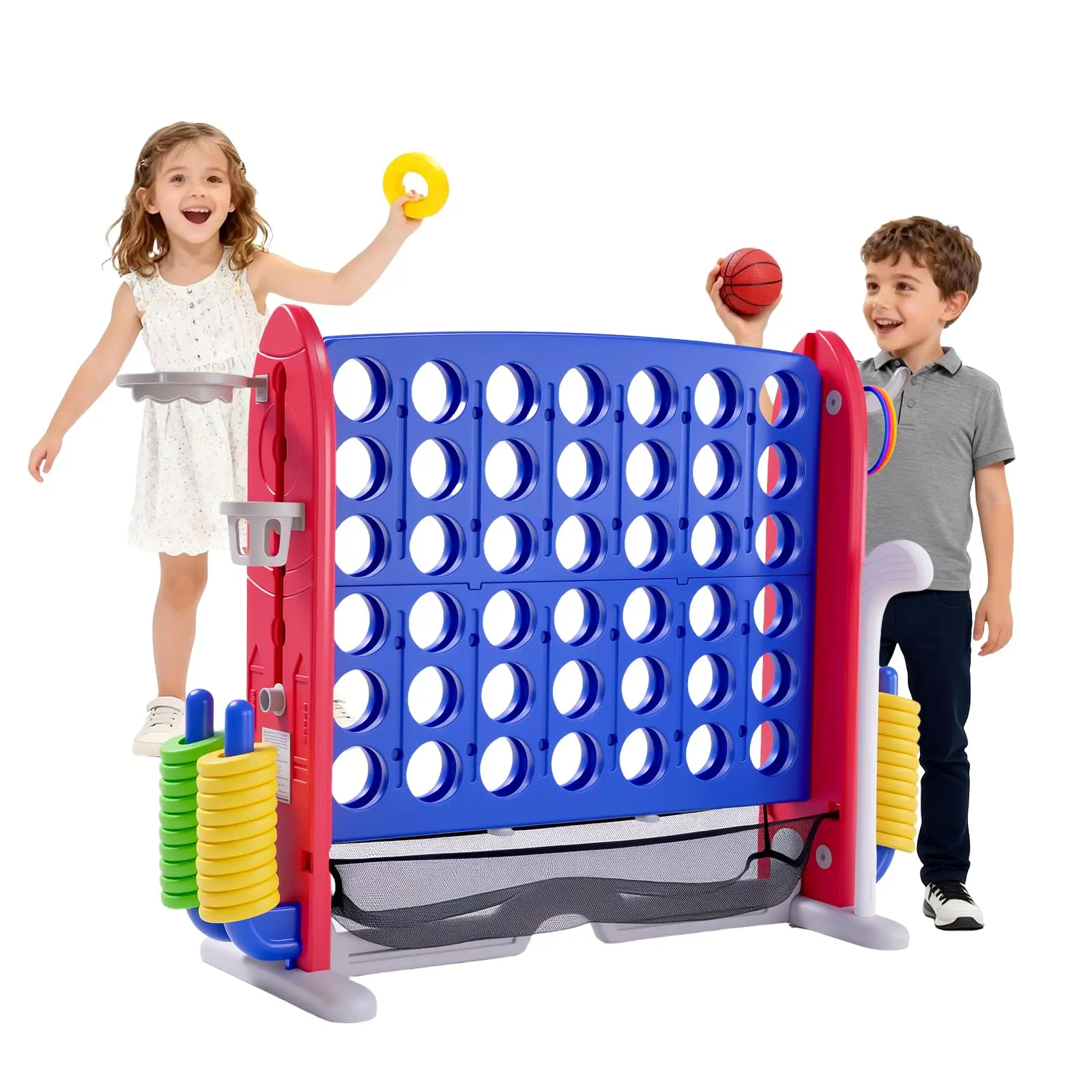 Giant 4-in-A-Row Yard Game – Adjustable Height Jumbo Connect Four with Quick Release, Basketball & Ring Toss & Net