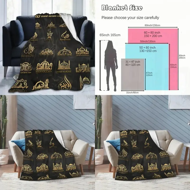 Luxurious Arabian Calligraphy Blanket with UltraSoft Plush Texture and Elegant Golden Islamic Art Design Featuring Mosque and Lantern Motifs Ideal for Home Dr Versatility in Living Room Office or Travel