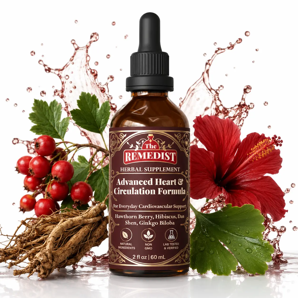 Advanced Heart & Circulation Formula | Hawthorn Berry, Hibiscus, Dan Shen & Ginkgo Biloba | USDA Organic, Non-GMO, 100% Natural Herbal Supplement, 2 Oz