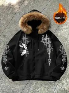 Men's Zipper Hoodie with Fur Collar, Angel Print Design, Casual Loose-Fitting Sweatshirt, Durable Fabric, Fall & Winter Wear