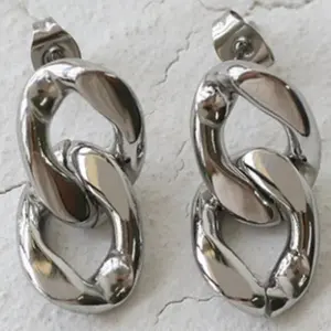 Silver Two-Tier Chain Link Style Drop Dangle Earrings PVD Stainless Steel Stud