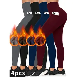 4PCS High Waisted Leggings for Women Tummy Control Butt Lifting with Pockets Squat-Proof Thermal Yoga Pants Fleece Lining Interior Heat-Tech Warm Leggings Delicate Wash for Workout Running Cycling Gym Casual Wear