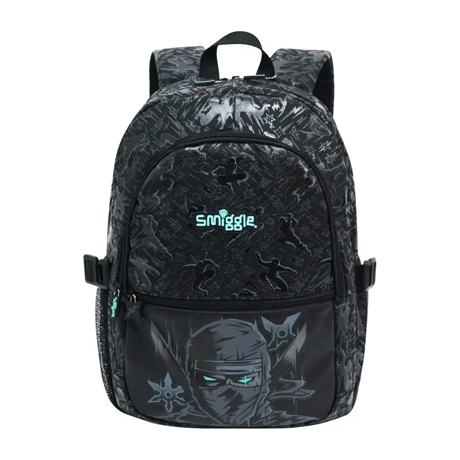 Dark Grey Ninja Character Print Laptop Backpack Cool Warrior Graphic School Backpack For Daily Travel