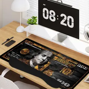 4 - in - 1 Dollar Pattern & Gold Decor Elements Large Gaming Mouse Pad + Keyboard Wrist Rest + Mouse Pad with Wrist Support + Coaster Set with Ergonomic Design for Home Office Table Computer, Rubber Base Mousepad with Stitched Edges, Easy Typing Pain Reli