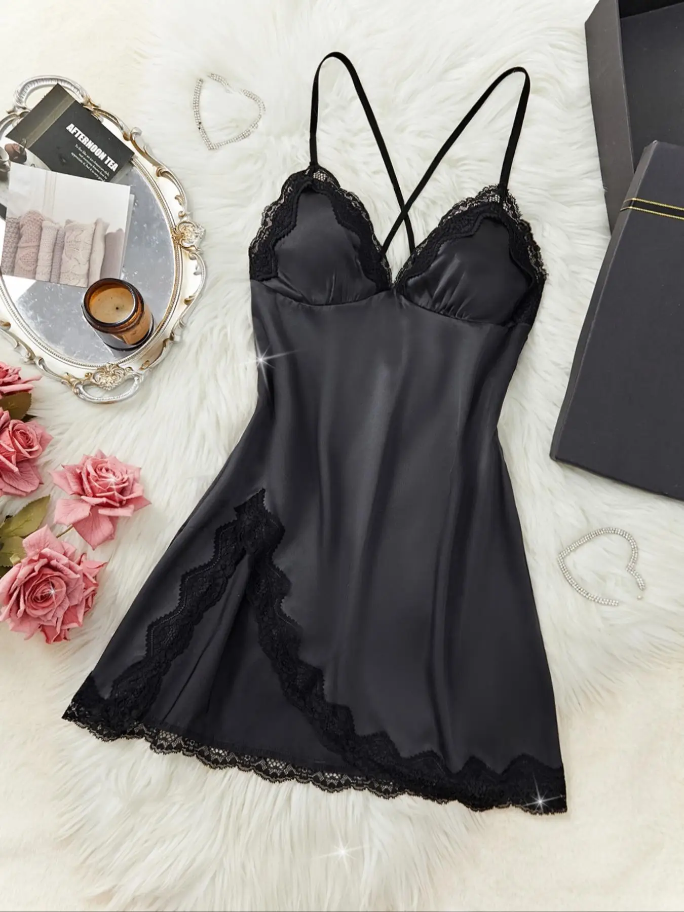 Women's Leopard / Plain Print Contrast Lace Criss Cross Backless Cami Nightdress , Elegant Sexy Sleepwear for Women , Ladies Nightdresses