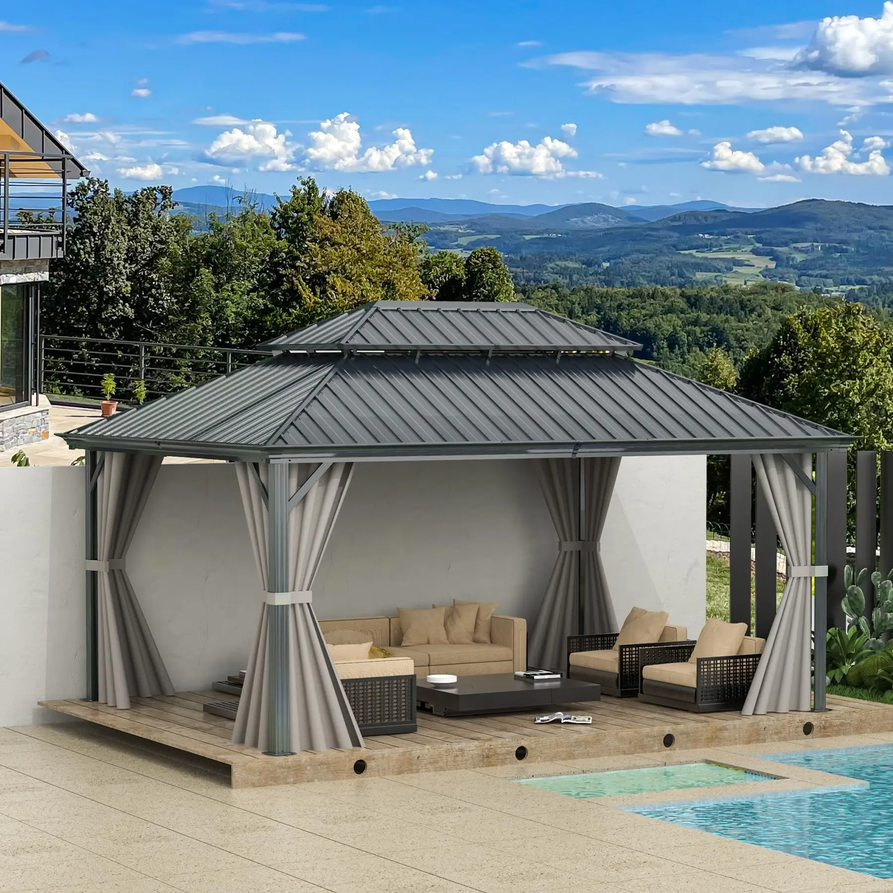 Domi 12'x16' Hardtop Gazebo Canopy,Outdoor Aluminum Gazebo with Galvanized Steel Double Roof,Permanent Gazebo with Drainage System,Curtain and Netting Included