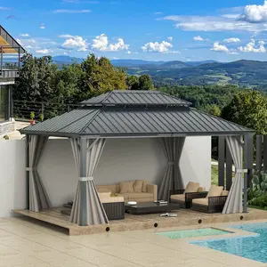 Domi 12'x16' Hardtop Gazebo Canopy,Outdoor Aluminum Gazebo with Galvanized Steel Double Roof,Permanent Gazebo with Drainage System,Curtain and Netting Included