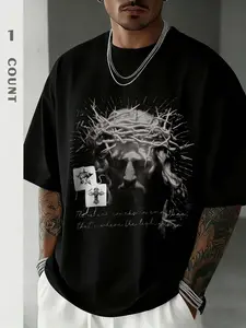 Men's Summer Loose Fit T-Shirt, Thorn Crown Jesus Print, Faith Quote, Street Style Religious Casual Top, All Seasons