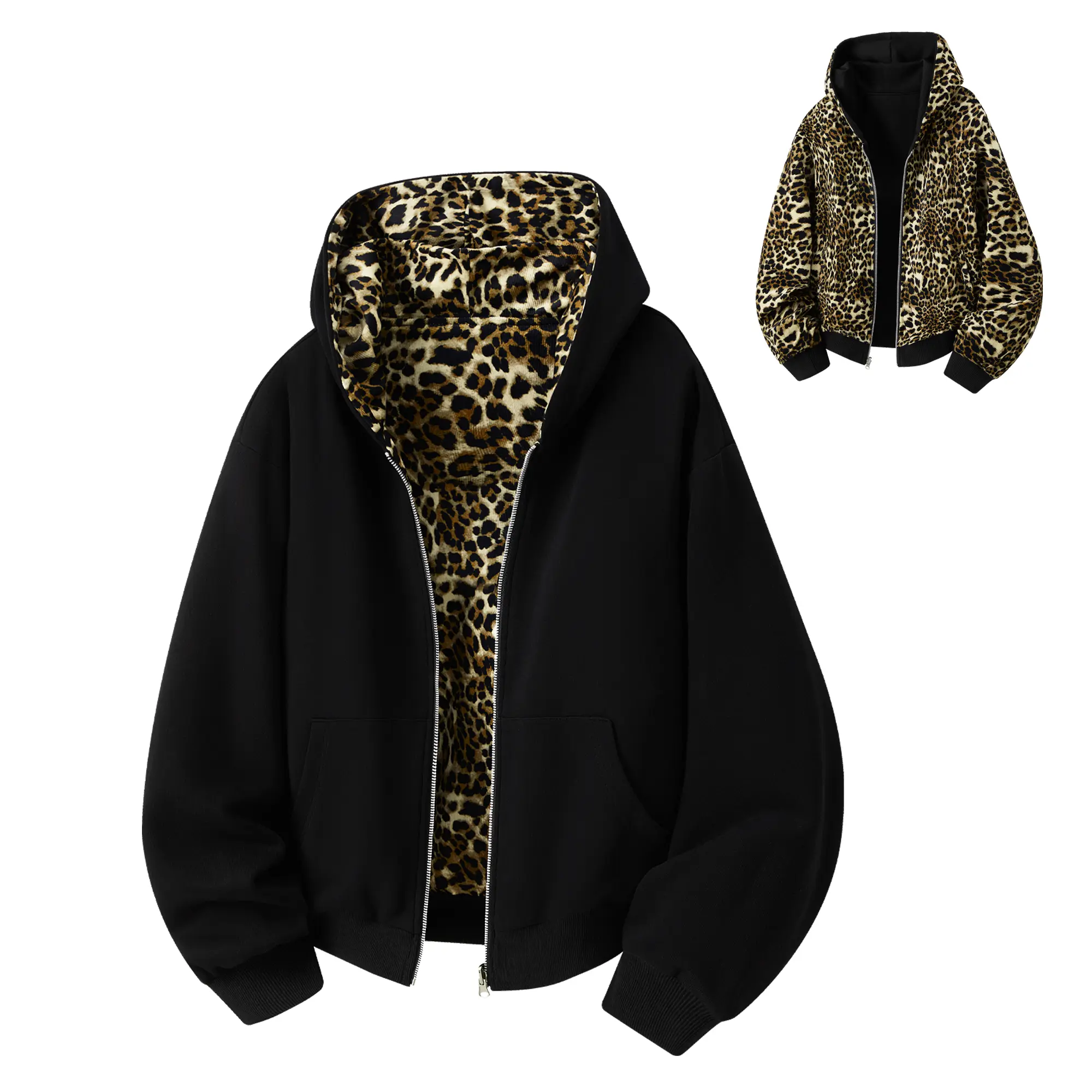 Women’s Casual Long Sleeve Retro Polyester Reversible Leopard-Print Lined Hooded Zip-Up Sweatshirt Jacket - American Vintage Style, Cropped Length, Back to School Tops
