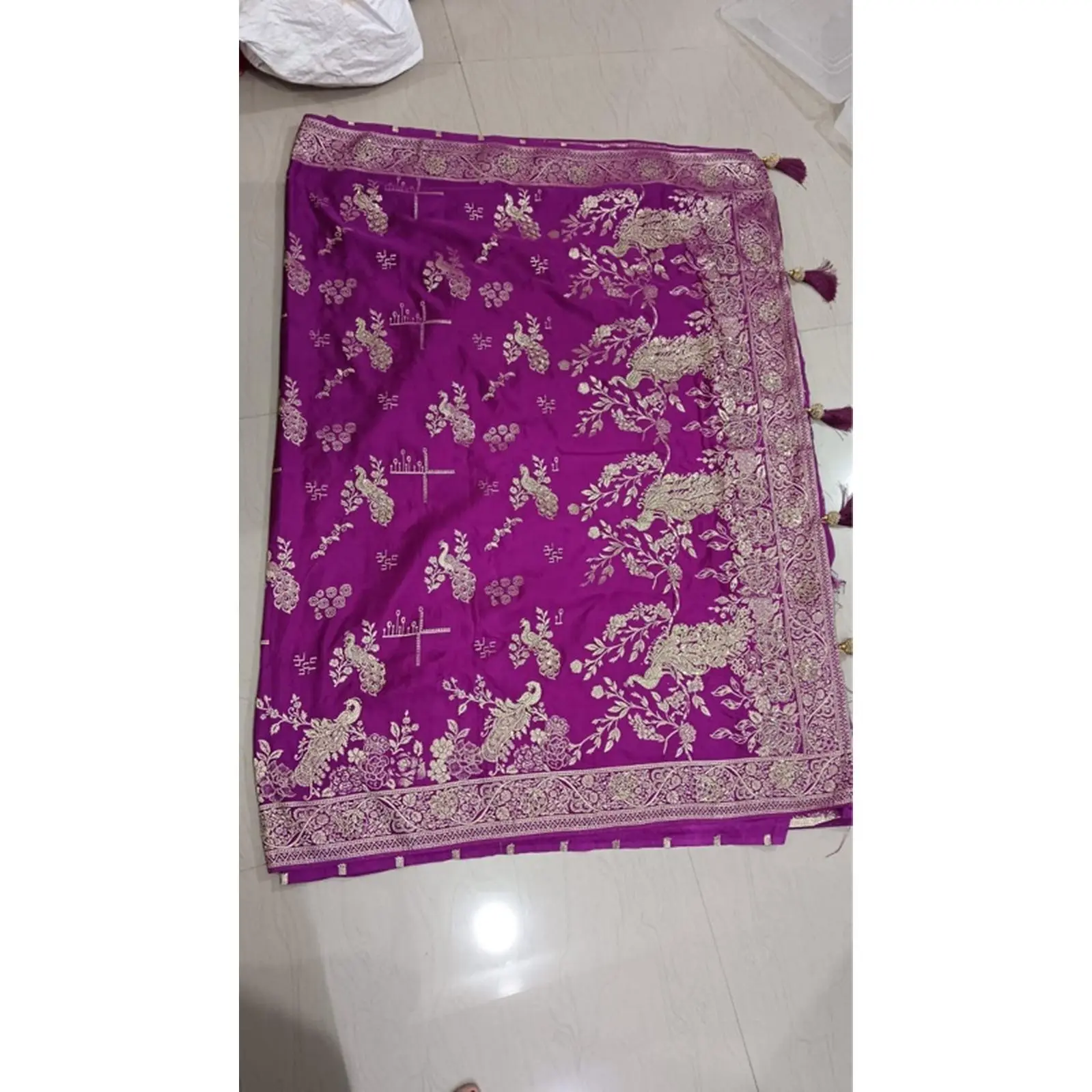 Bananas Saree with Diamond Blouse 40-45 - Purple Floral Design with Gold Embroidery