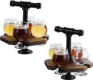 Brown Wood and Black Metal Serving Beer Whiskey Flight Set Tray, Tasting Beer Glasses, Set of 2