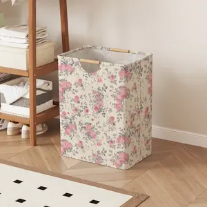 Rose Pattern Open Storage Box, Foldable Laundry Basket with Handle, Home Bathroom Collapsible Clothes Organizer Bucket