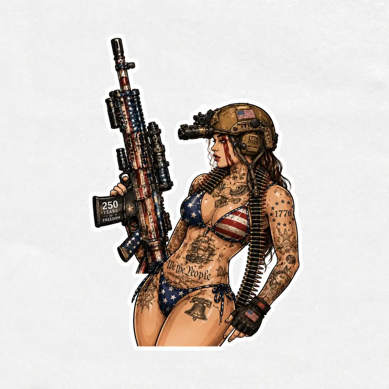 Patriotic Tactical Girl Vinyl Sticker – 250 Years of American Freedom 1776–2026, Americana Pin-Up Decal, USA Heritage Art