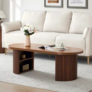 Giratree Oval Fluted Coffee Table for Living Room, Mid Century Modern Coffee Table with Storage, Curved Round Wooden Center Table for Home, Office, Cafe, Vintage