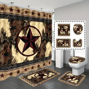 [Popular Choice]1pc/4pcs, bathroom curtains shower, bathroom set, shower curtain sets, bathroom rug, home decoration, bath mat, bathroom mat, cow pattern and star pattern, animal pattern theme decoration, bathroom set, with 12 hooks.