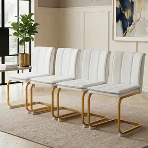 Modern dining chairs set of 4, PU leather white or black kitchen chairs, restaurant chairs, suitable for kitchens, living rooms, bedrooms, and offices, and metal legs, Silver-plated