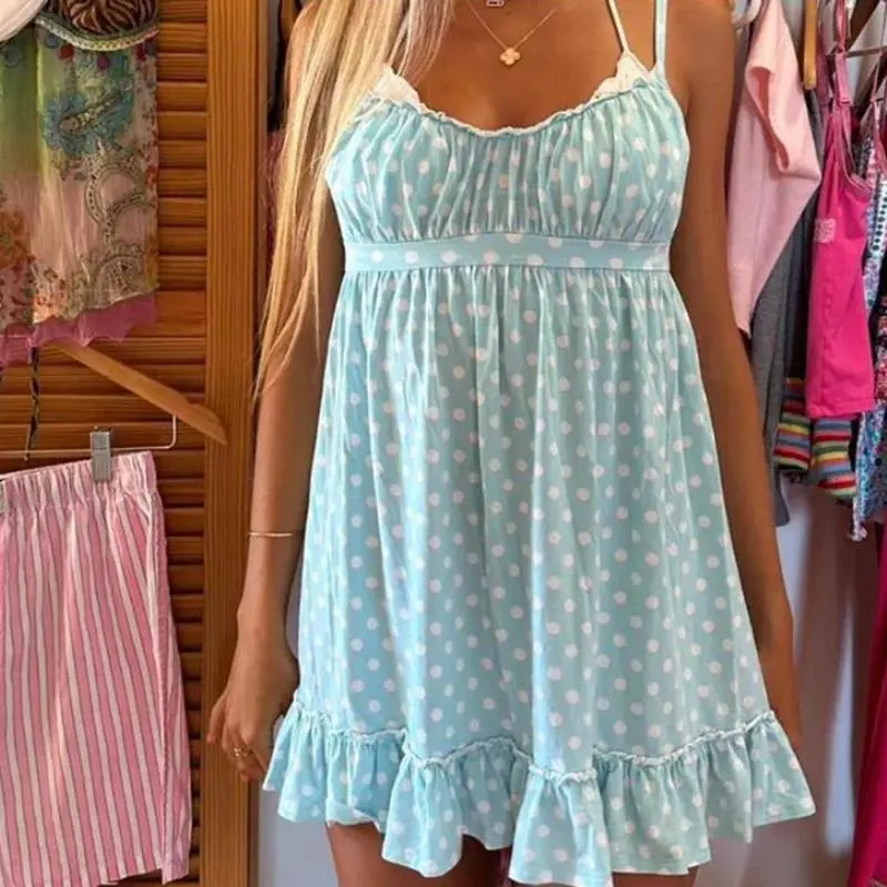 Preppy Teen Girl Y2k Fairy A-line Dress Vintage 90s Blue Polka Dot Mini  Dress Summer Spaghetti Strap Ruffles Hem Cami Dress - TikTok Shop
