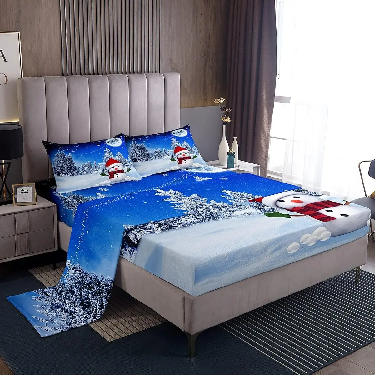 Feelyou Bedding Sets - Unique Christmas Reindeer, Snowman, Snowflake Themed Sheet Set, Dreamy Blue Winter Decor Bedding for Twin, Full, Queen Sizes, Unique Bedding Sets
