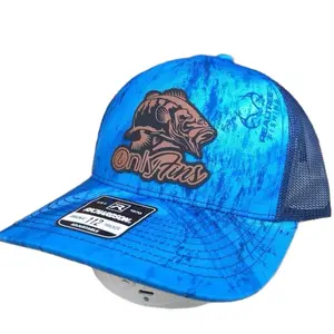 OnlyFins Richardson Trucker Hat - Blue Water Patterned Adjustable Mesh Back Cap with Faux Leather Patch & Large Mouth Bass Logo for Fishing Enthusiasts