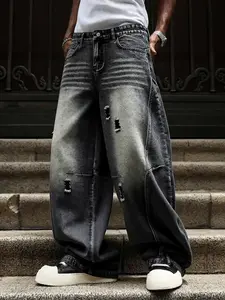 Black and gray distressed washed wide-leg denim jeans, Distressed knee jeans, with a vintage and loose silhouette versatile for all seasons, non-stretch Y2K rock streetwear pants, Menswear