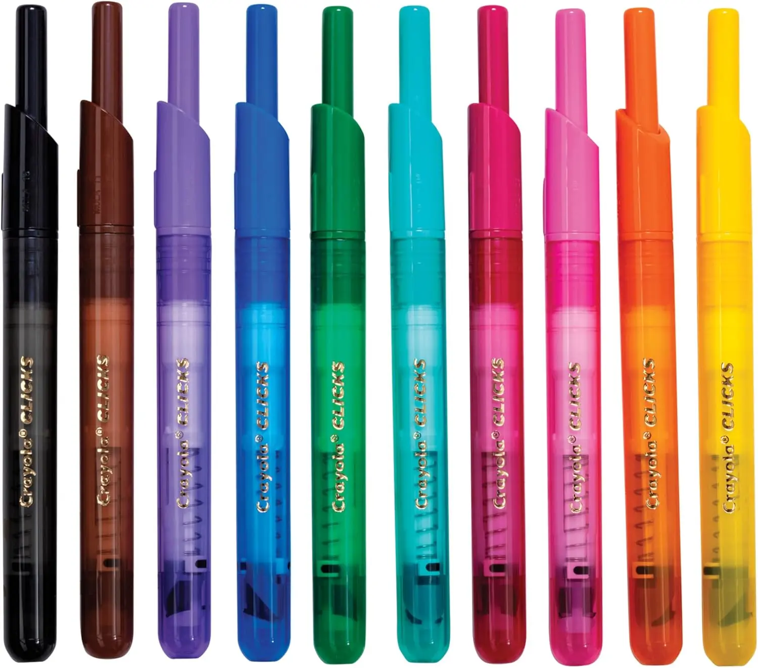 Crayola Clicks Retractable Tip Erasable Colored Pens, 10ct Washable Cone Tip Travel-Friendly Office Stationery Writing Tools, Retractable Crayola Markers