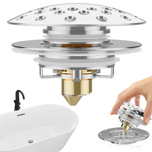 Fecoor Bathtub Drain Stopper with Visible Top Hair Catcher, Innovative 3 in 1 Pop-up Bathtub Strainer Fit for Standard 1.5 to 2.4in Drain Hole, with Detachable Stainless Steel Filter Basket, Chrome