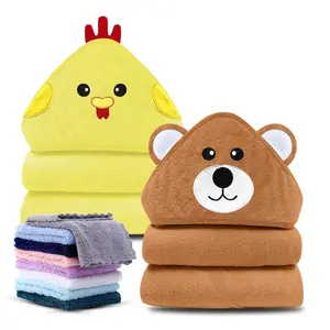 2 Pack Hooded Baby Towel Rayon Made from Bamboo with 8 Washcloths - Soft Bath Towel for Bathtub for Babie, Newborn, Infant, Natural Baby Stuff Towel (Bear and Chicken)