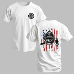 Firefighter Skull T-Shirt, Thin Red Line Flag and Axe Graphic, Soft Cotton Tactical Shirt, Bold Fire Dept Apparel for Men, Gift for Brave Firemen & Rescue Workers