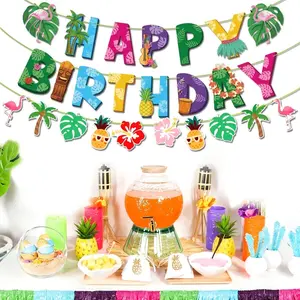 2 Sets Hawaiian Flamingo Palm Leaves Birthday Banner + 16 Cake Toppers, Tropical Luau Summer Party Decorations, Paper Material Hawaiian Birthday Decorations for Baby Shower Graduation Father's Day, English Letter