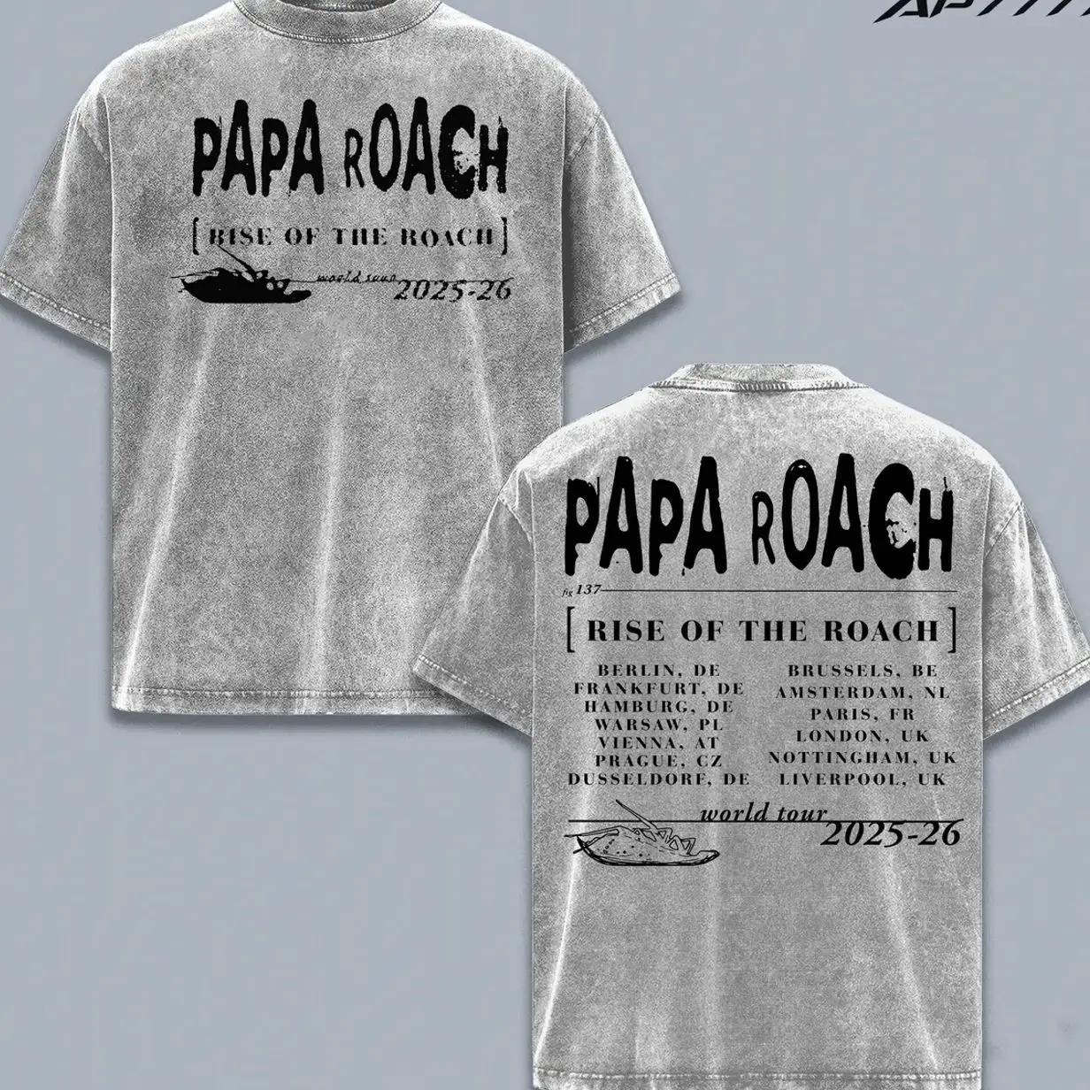 Papa Roach Rise of the Roach World Tour 2026 T-Shirt, Vintage Rock Band Graphic Tee, Double Sided Concert Tour Shirt, Nu Metal Music Merch, Oversized Heavy Cotton Unisex Streetwear, Fan Gift O2J
