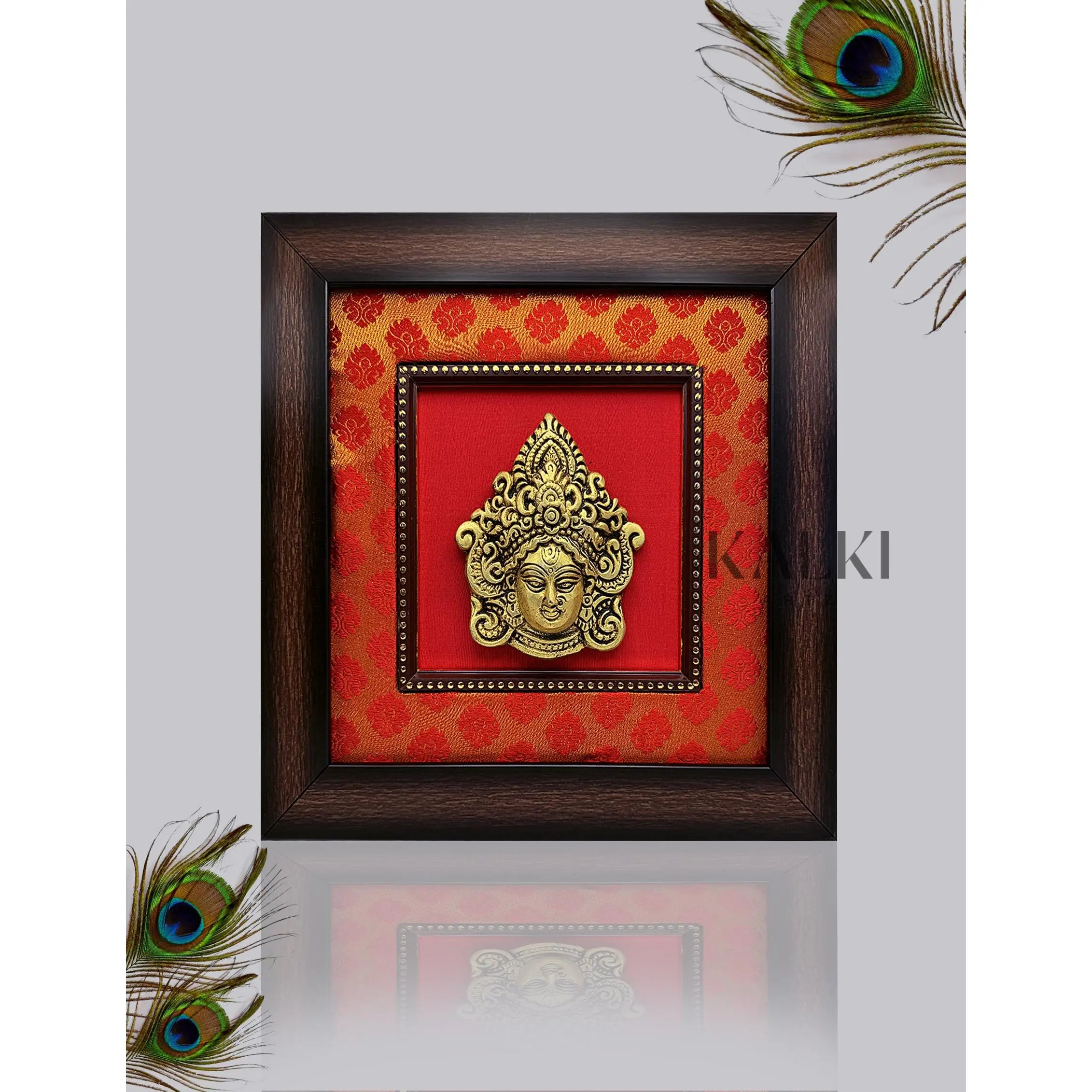 Brass Durga Devi Mask with Red Silk With Wooden Frame