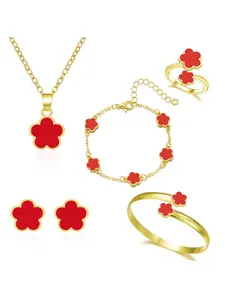 Women's Simple Floral Jewelry Set, Lucky Flower Necklace & Bracelet Earrings, Versatile 5-Piece Accessory Kit, Elegant Daily Wear