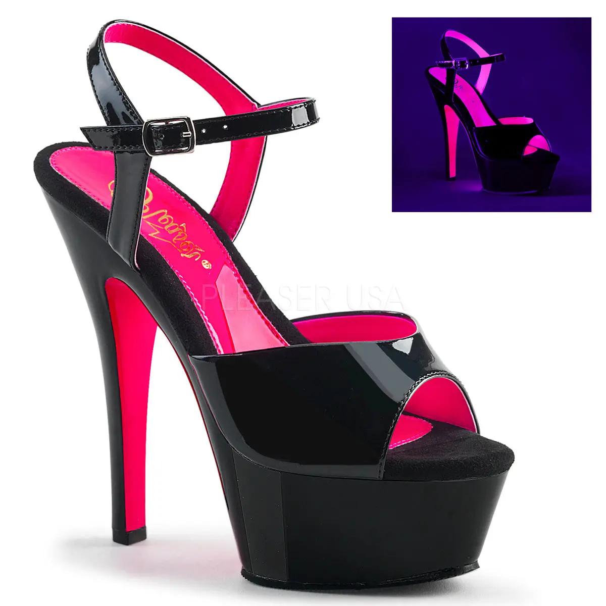 Women's Platform High Heels, Neon Hot Pink 6-Inch Sandal with 2-Tone Ankle Strap and UV Blacklight Effect, Footwear, Stylish, Platform Sandal, Fashion Apparel, Height Increase Solutions, No, Open Toe, 6 In, Two-Tone