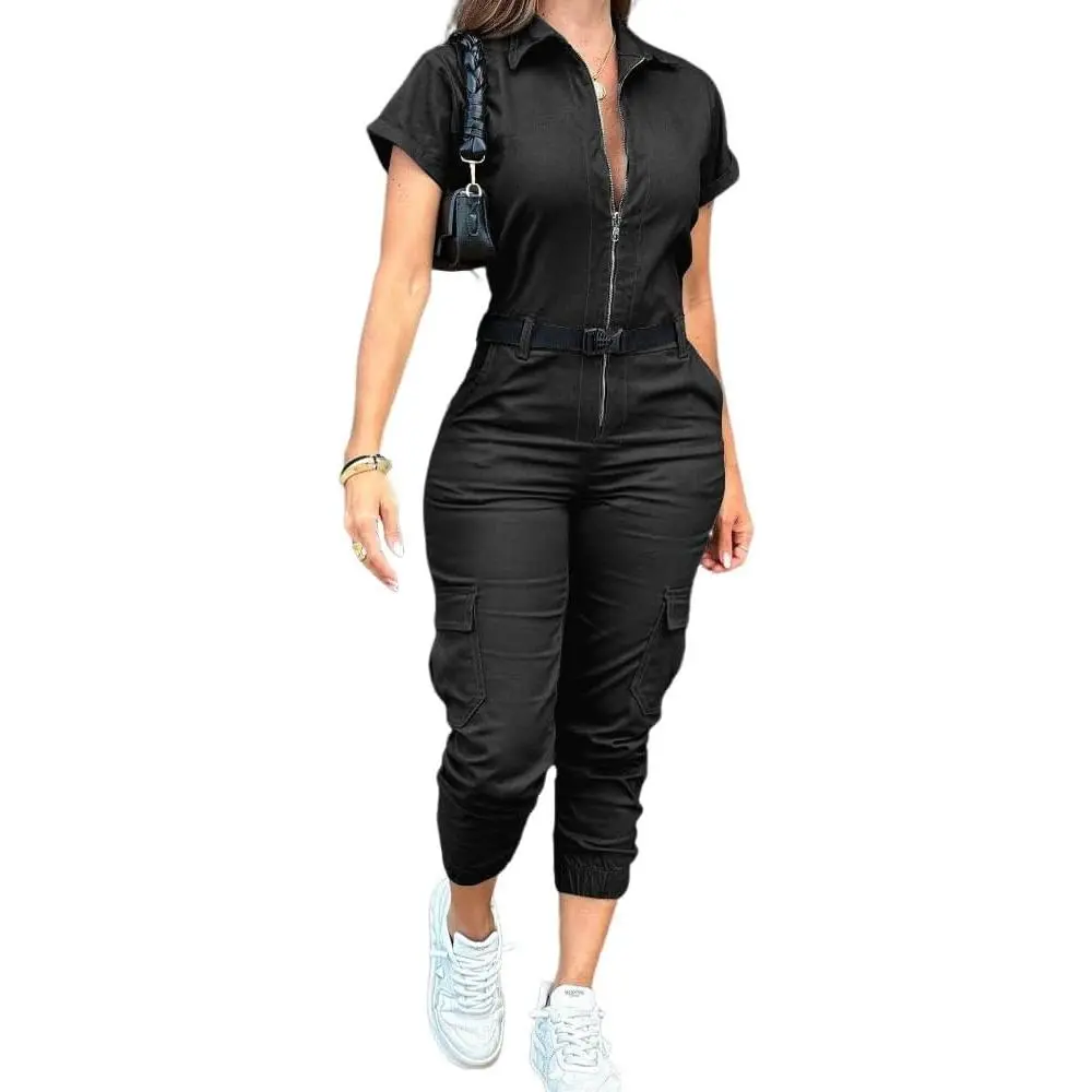 Women's Short Sleeve Jumpsuit Turn Down Collar Casual Zip Up Jumpsuits Pocket Design Cargo Romper