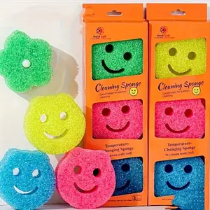 7 Count Thick Smile Face Scrub Sponges, Color Sorted Kitchen Cleaning Sponge Blocks, Dish and Pot Washing Scouring Sponges with Hanging Hole, Quick Dry Household Scrubbers for Sink, Cooktop and Counter Cleaning