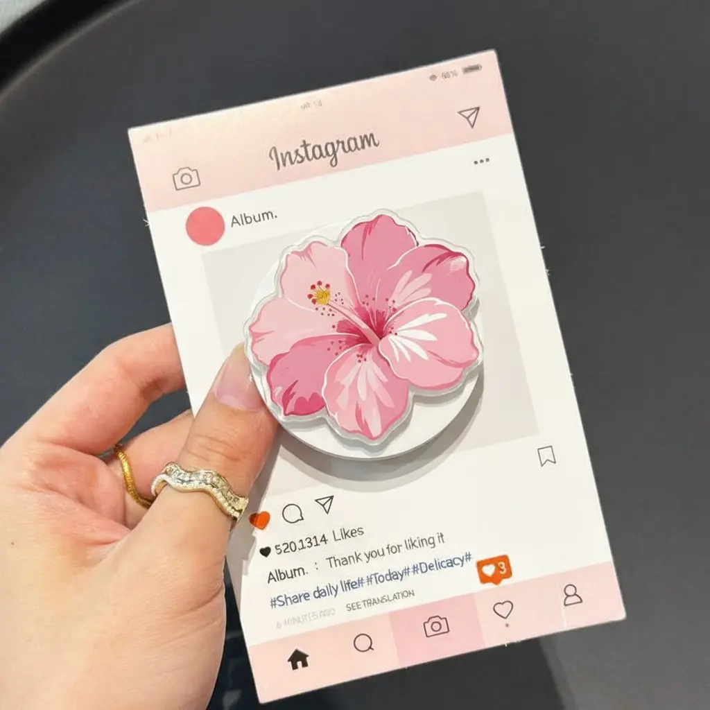 Tropical Hibiscus Flower Phone Grip & Stand - Aesthetic Pink Yellow Blue Floral Pop Socket Style Holder - Cute Hawaiian Summer Beach Vibe Hand Grip for iPhone Android, Gift for Her.