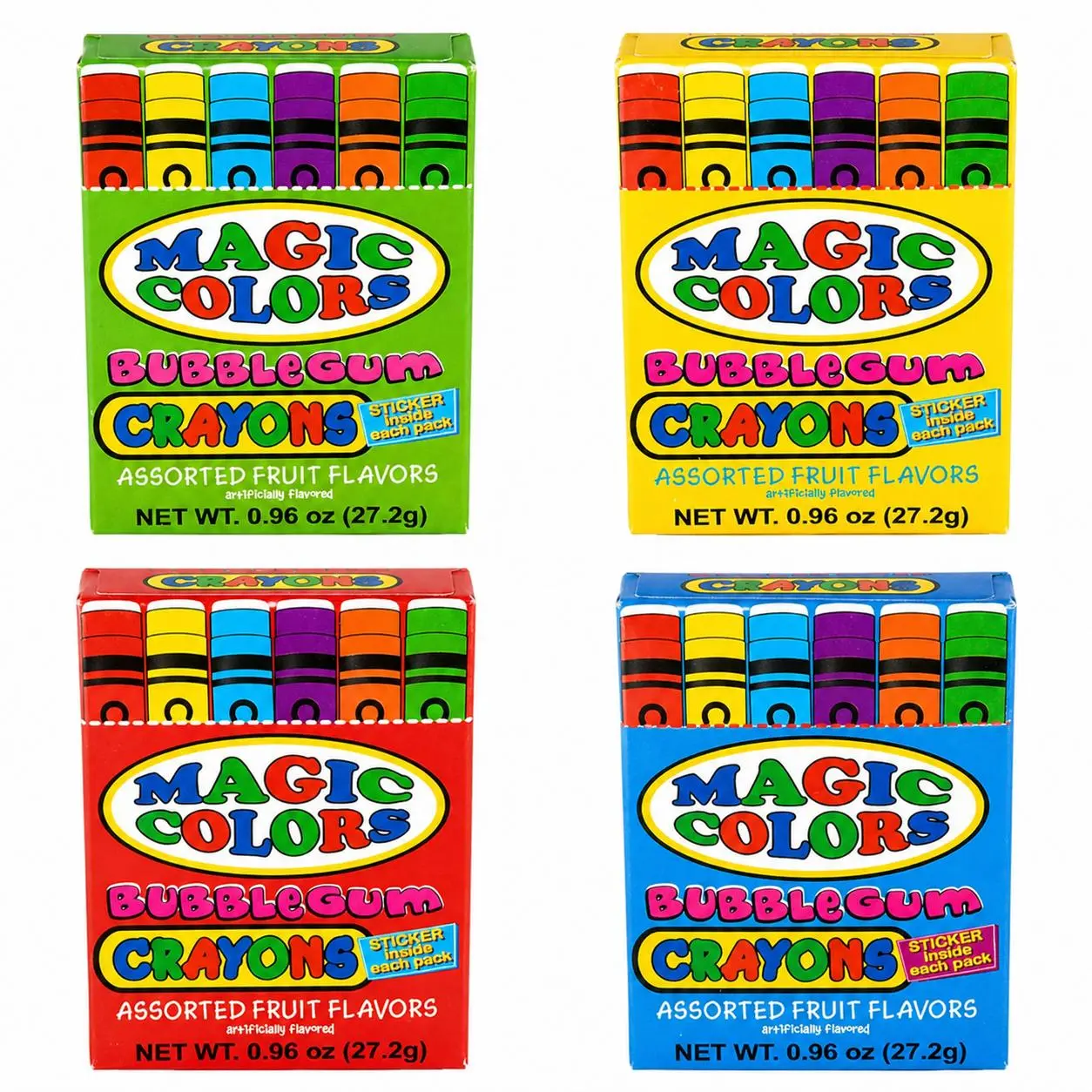 Magic Colors Bubble Gum Crayons Assorted Fruit Flavors 4 Pack Snack Candy with Fun Stickers for Party Favors Classroom Rewards Sweet Bonbon Treats