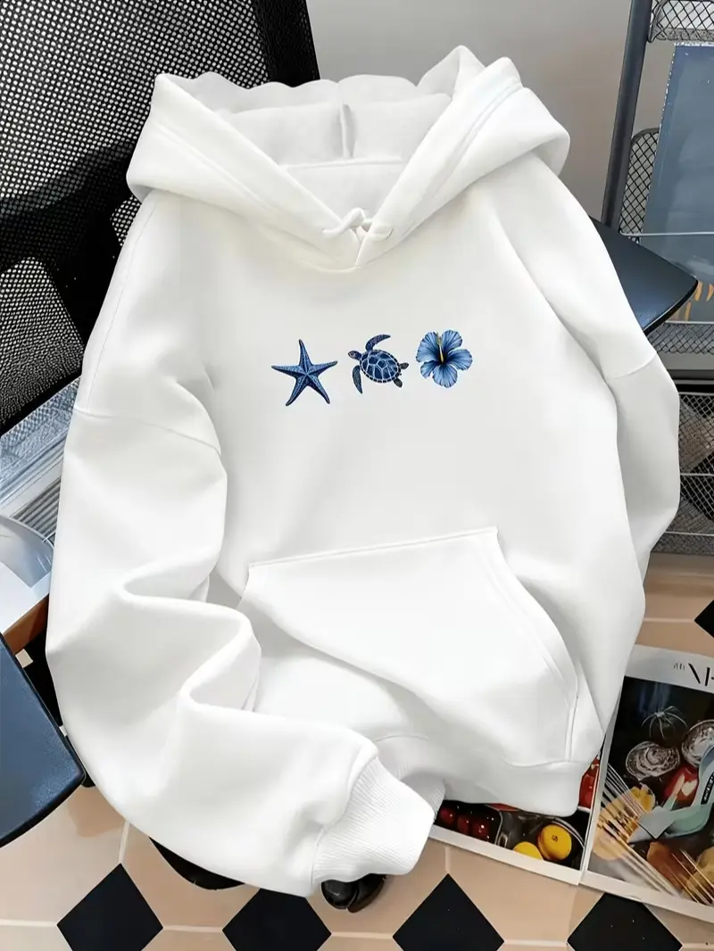 Minimal Ocean Theme Starfish Turtle Hibiscus Front Print Fleece Hoodie