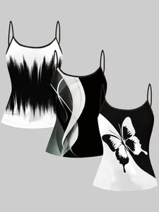 Simple Butterfly Line Print Adjustable Straps, Casual Sleeveless Slim-Fitting Top, Three-Piece Set for Home and Outdoors