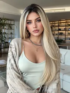 Topshe 13x6 Lace Front Wig, Straight Long Hair, Ombre Brown Blond, Heat Resistant, for Daily Wear, Holidays, Parties, Lace Frontal Wig