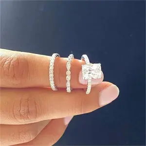 Fashionable three-piece square CZ stone ring set for women, wedding rings, engagement rings, popular jewelry gifts for couples