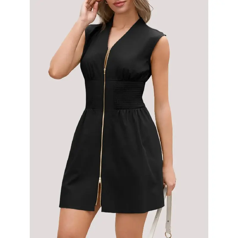 [Soft Mood]Women's Sleeveless Tank Mini Dress - Women's Clothes, Armless Comfy Feminine Casual Zip-Front V-Neck Loose Summer Smocked Dress with Pockets, Armless Casual Dresses