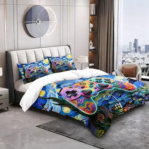 2/3pcs Starry Night Game Controller Duvet Cover Set, Gamer Comforter Cover, Decorative Duvet Cover, Soft Microfiber Bedding Set (No Filler), Neon Gaming Print Bed Set for Teen Boys & Gamers, Trendy Bedroom Decor