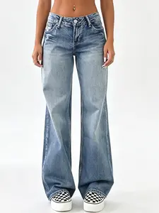 Women's Modest Retro Y2K High-Waisted Loose Wide-Leg Boyfriend Fit Jeans - Casual Wear Pants with Pockets, Jean