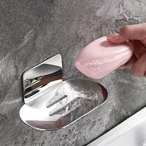 1pc Bathroom Soap Storage Rack Stainless Steel Shower Soap Dish Holder Self-Adhesive Wall Sponge Storage Shelf for Kitchen Organizer