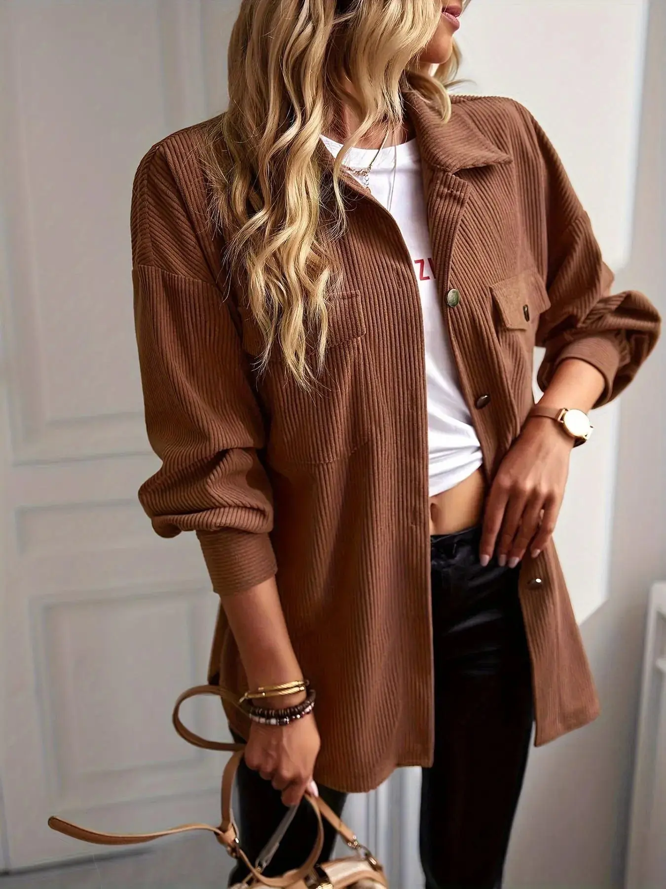 Women Solid Button Front Closure Collared Long Sleeve Corduroy Fit Jacket Casual Drop Shoulder Design Outerwear Fall Winter Ladies Clothes Daily Oversized