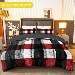 3pcs (1 comforter + 2 pillowcases) Buffalo Check Flannel and Milk Velvet Comforter Set, Soft Warm Plush Bedding Set, Cozy Flannel Quilt Set, Trendy Bedding Essentials